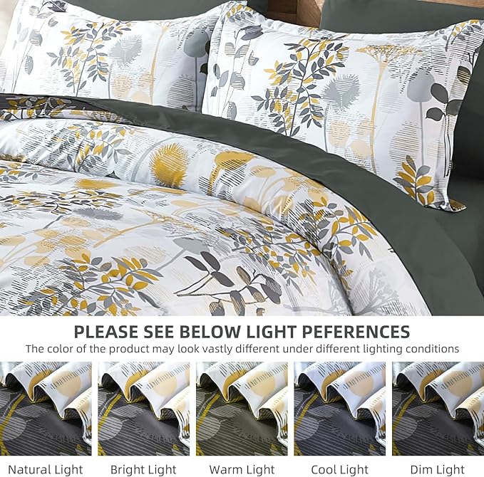 Anibedding 7Pieces King Size Comforter Set, Grey Botanical Bed in a Bag Complete Set with Sheet Pillowcase for Bedroom All Season