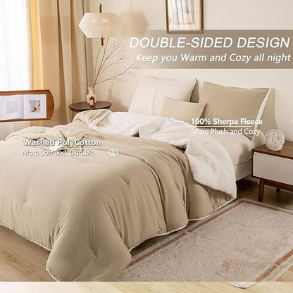Warm Ultra-Soft Sherpa Queen Down Comforter with Pillow Case - Beige and White Luxurious Reversible, Full/Queen Size Fleece Bedding Set Fluffy Surface for Cozy Autumn Winter