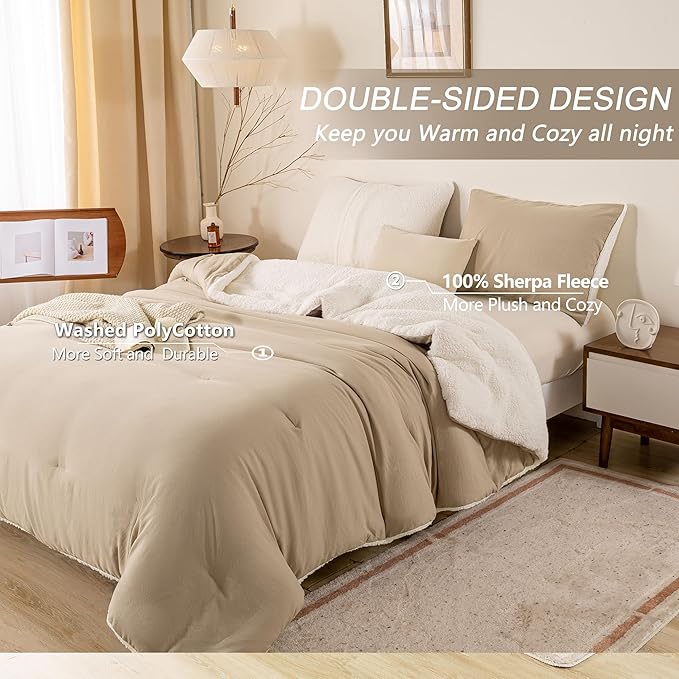 Ultra-Soft Sherpa Fleece Warm Twin/Twin XL Bed Down Alternative Comforter Set with 1 Pillowsham for Child Kid Dorm - Beige and White Fluffy Surface for Cozy Autumn Winter Christmas Nights