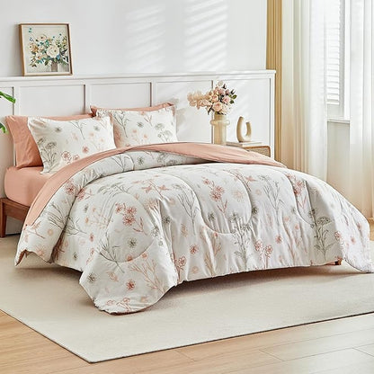 AIKASY Bed in a Bag 6 Pieces - Floral Print - Soft Microfiber, Reversible Bed Comforter Set (1 Comforter, 2 Pillow Shams, 1 Flat Sheet, 1 Fitted Sheet, 1 Pillowcases) (Sea Green, Twin)