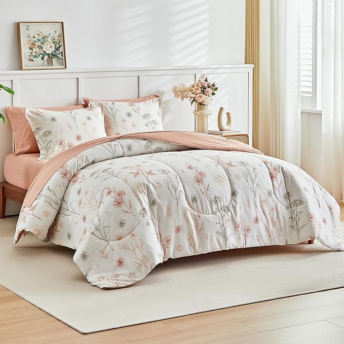 AIKASY Bed in a Bag 7 Pieces - Floral Print - Soft Microfiber, Reversible Bed Comforter Set (1 Comforter, 2 Pillow Shams, 1 Flat Sheet, 1 Fitted Sheet, 2 Pillowcases) (Sea Green, Queen)