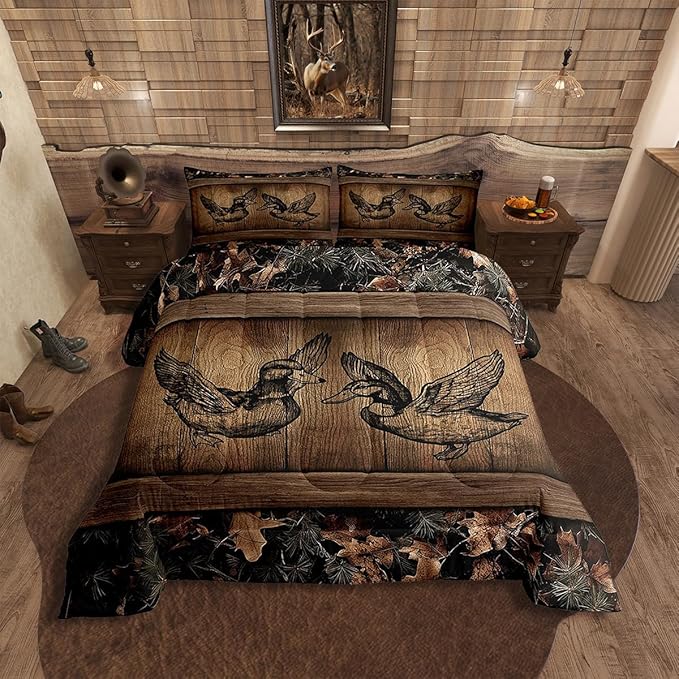 Erosebridal Rustic Farmhouse Bedding Comforter Sets Toddler Tree Branches Camo Cabin Bedding Set Hunting Animal Mallard Duck Comforter Set for Boys Men Woodland Camouflage Wildlife Quilt Set