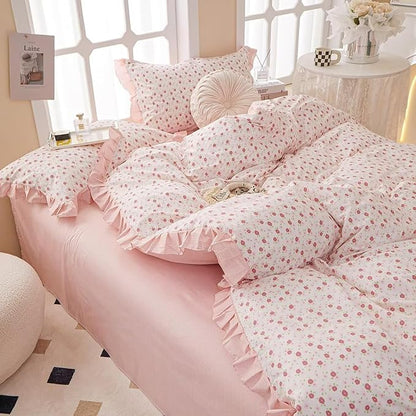MKXI King Size Pink Floral Ruffle Comforter Set - 3 Piece Pastoral Ruffled Floral Comforter with Pillow Shams, Reversible Pink Flower & Striped Design, Soft Aesthetic Bedding Set for Teen Girls