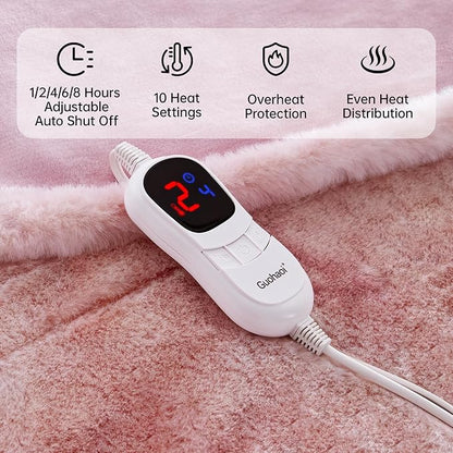 Guohaoi Heated Blanket Electric Throw, Soft Faux Rabbit Fur Electric Blanket with 10 Heating Levels 5 Sitting Timer Auto Off, Cozy Warm Heating Blankets, Machine Washable(62"×84" Pink)