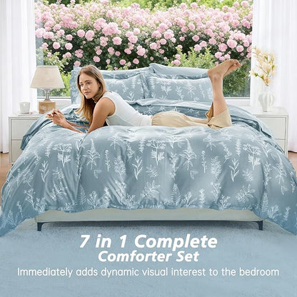 MUXHOMO Mineral Blue Twin Comforter Set, Elegant Floral Print Bed in a Bag 5 Pieces, Ultra Soft & Breathable Reversible Botanical Pattern Bedding Set with Comforter, Sheets, Pillowcase, and Sham