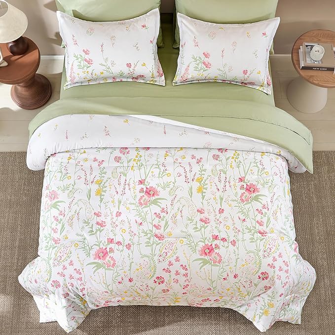 Yiran 7 Piece Pink Green Floral Comforter Set King Size, Cute Botanical Comforters Lightweight Coquette Bedding Set Flower Bed in a Bag Soft Farmhouse Bedding Set with Sheets for Women