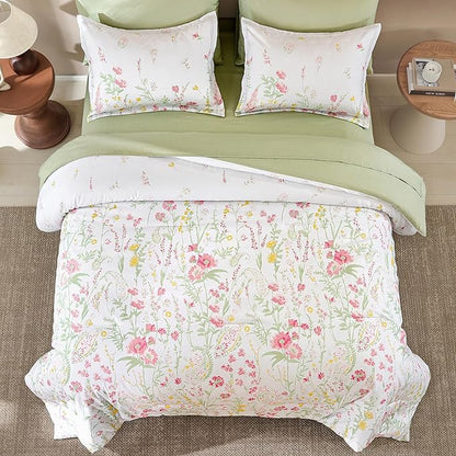 Yiran 7 Piece Pink Green Floral Comforter Set Queen Size, Cute Botanical Comforters Cottagecore Flower Bed in a Bag Soft Complete Farmhouse Bedding Set with Sheets for All Season