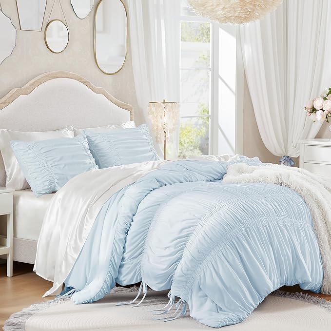 Intelligent Design Ruched Shabby Chic Comforters for King Size Bed, All Season Lightweight Comforter King, French Country Bedding Set, Sham, Ella, King/Cal King, Blue, 3 Piece