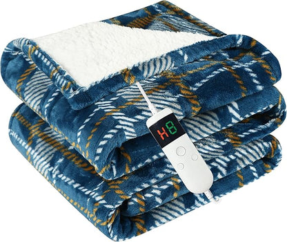Electric Blanket Heated Twin, Soft Flannel 62"x84" Plaid Heating Blanket with 8 Hours Auto Off 10 Fast Heating Levels Machine Washable Sherpa Heated Blanket with Overheating Protection