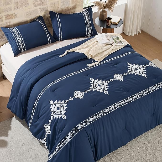 Embroidered Boho Comforter Set King Size, 3-Piece Western Shabby Chic Bedding Set - Fluffy Ultra Soft Microfiber with Intricate Design, Includes Comforter & 2 Pillowcases, Navy(102"x90")