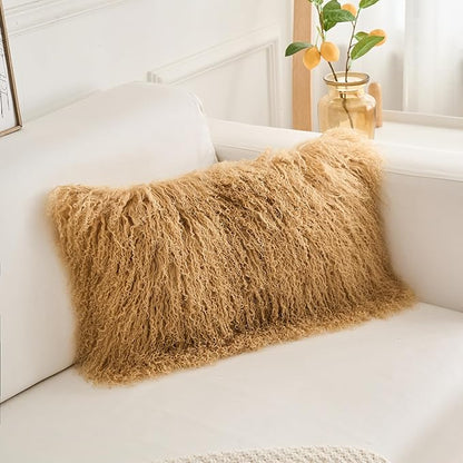 Genuine Mongolian Lamb Fur Pillow Cover – 12"x20" Rectangular Cushion Case – Soft Curly Wool Decorative Accent for Sofa, Bed, or Chair (Toffee)