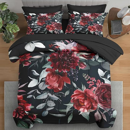 Comforter Set Queen Size, Floral Green Leaves 7 Pcs Bedding for Kids and Adults, Burgundy Maroon Pink Bed Sheet Sets with Fitted Sheet 2 Pillowcases & 2 Shams for Bedroom Bed Decor
