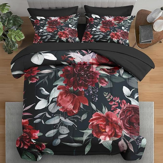 Comforter Set Queen Size, Floral Green Leaves 7 Pcs Bedding for Kids and Adults, Burgundy Maroon Pink Bed Sheet Sets with Fitted Sheet 2 Pillowcases & 2 Shams for Bedroom Bed Decor