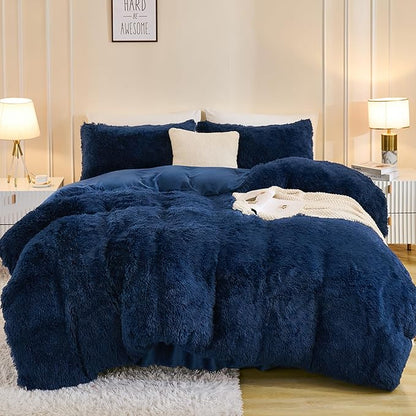 Andency Fluffy Navy Blue Comforter Set King Size, 3 Pieces Winter Faux Fur Warm Soft Fuzzy Plush Bedding Comforter Set (1 Velvet Comforter & 2 Pillowcases), Thick Heavy Comfy Comforters Bedding Set