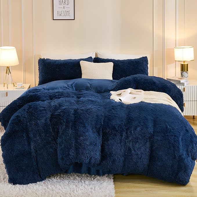 Andency Fluffy Navy Blue Comforter Set Queen Size, 3 Pieces Winter Faux Fur Warm Soft Fuzzy Plush Bedding Comforter Set (1 Velvet Comforter & 2 Pillowcases), Thick Heavy Comfy Comforters Bedding Set