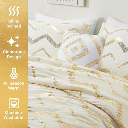 Codi White and Gold Bed Comforter Set, Cute Queen and Full Size Golden Teen Girls Bedding, 4 Pieces - All Seasons Warm