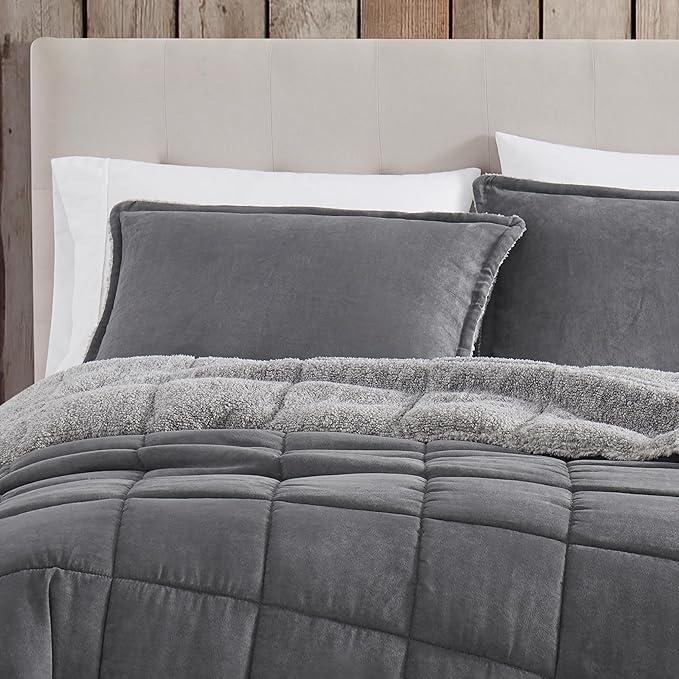 Eddie Bauer - Queen Comforter Set, Microsuede Bedding with Soft Sherpa Reverse, 3 Piece Bed Set with Matching Pillowcases (Sherwood Grey)