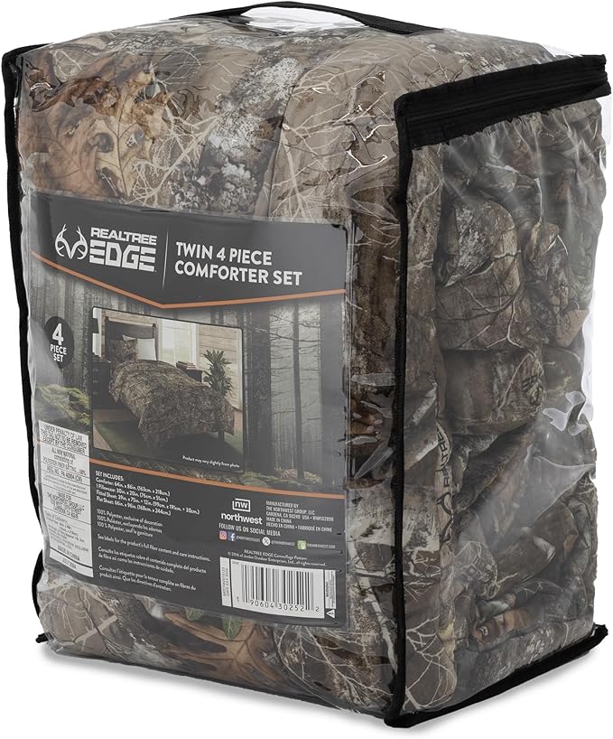 Northwest Realtree 4-Piece Twin Size Bed in a Bag Set, 1 Comforter, 1 Fitted Sheet, 1 Flat Sheet, 1 Pillowcase, All Seasons Bedding, Edge Camo