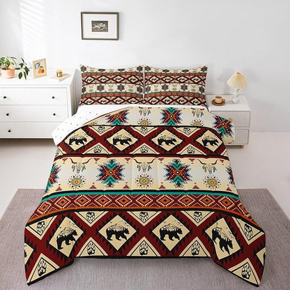 Erosebridal Black Bear Bedding Sets Exotic Bull Skull Western Comforter Set King,Ethnic Tribe Arrow Aztec Quilt Tribal Geometric Diamond Duvet Insert,Woodland Animals Boho Western Decor,Red