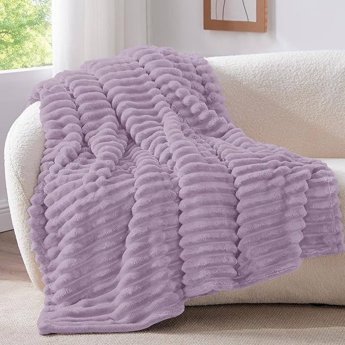 BEDELITE Fleece Throw Blanket for Couch - 300GSM Soft & Warm Fluffy Lilac Blanket, Decorative and Giftable Striped Blankets for Women, Men, 50"x60"