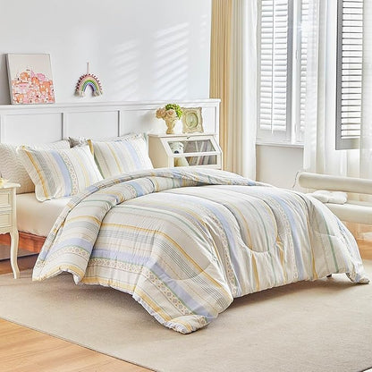 Joyreap 3pcs Cotton Comforter Set Queen, Stripes Boho Blue Yellow Beige Design, Soft Cozy Lightweight Bedding Comforter Set for All Seasons- 88x88 inches