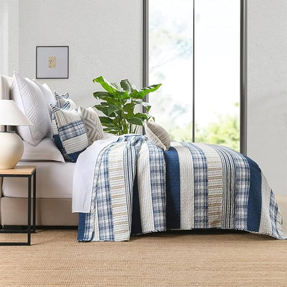 Homzard Twin Comforter- Blue Twin Bedding Sets, Plaid Striped Twin Quilt, Blue White Tan Quilt 100% Cotton, Farmhouse Comforter Bedspread 2 Pieces