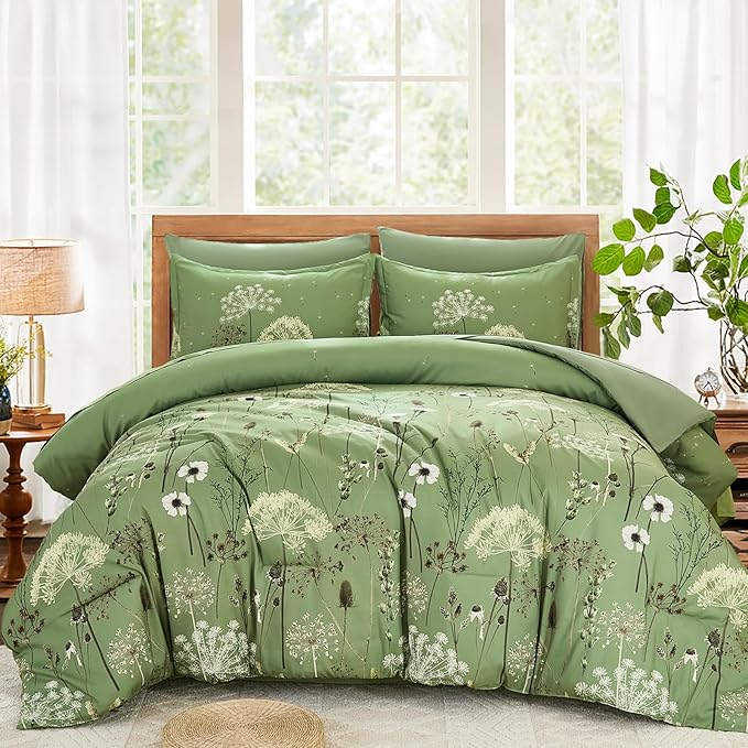 Yiran 7 Piece Sage Green Floral Comforter Set King Size, Dandelion Plant Botanical Comforter Bedding Set, Bed in a Bag King, Soft Microfiber Complete Bedding Set with Sheets for All Season