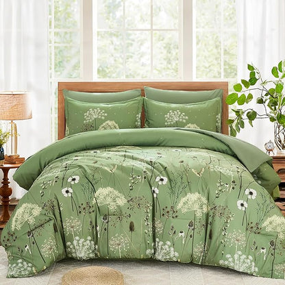 Yiran 7 Piece Sage Green Floral Comforter Set King Size, Dandelion Plant Botanical Comforter Bedding Set, Bed in a Bag King, Soft Microfiber Complete Bedding Set with Sheets for All Season