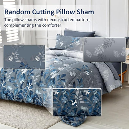 7 Piece Blue Botanical Bed in a Bag King Floral Comforter Set - Elegant Gradient Leaves Bedding Set for All Season (1 Comforter, 2 Pillow Shams, 2 Pillowcases, 1 Flat Sheet, 1 Fitted Sheet)