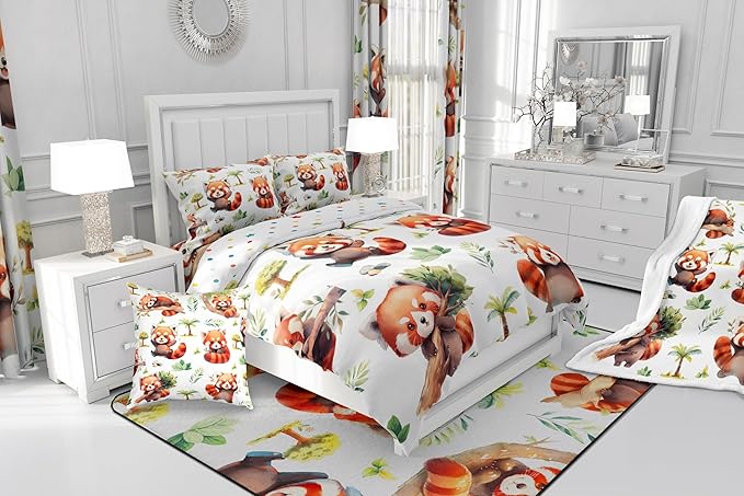 Manfei Cute Raccoon Kids Comforter Sets Twin Size,Cartoon Animal Bear Bedding Comforter Sets,Botanical Plants Quilt Sets for Boys Adult Bedroom Decor,Lovely Raccoon Duvet Insert with 1 Pillowcase