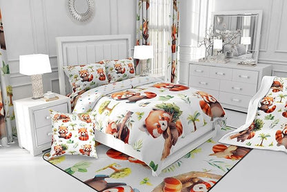 Manfei Cute Raccoon Kids Comforter Sets King Size,Cartoon Animal Bear Bedding Comforter Sets,Botanical Plants Quilt Sets for Boys Adult Bedroom Decor,Lovely Raccoon Duvet Insert with 2 Pillowcases