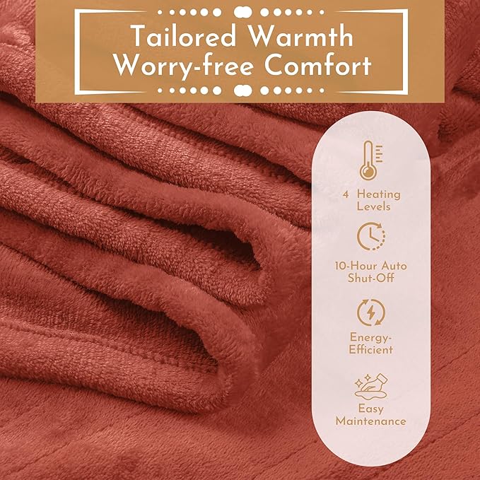 Electric Heated Blanket 72"x84" Full Size Flannel Heated Blanket, Cozy & Warm for All Night, 5 Heat Settings & 10 Hours Auto Off, Machine Washable, Brick Red
