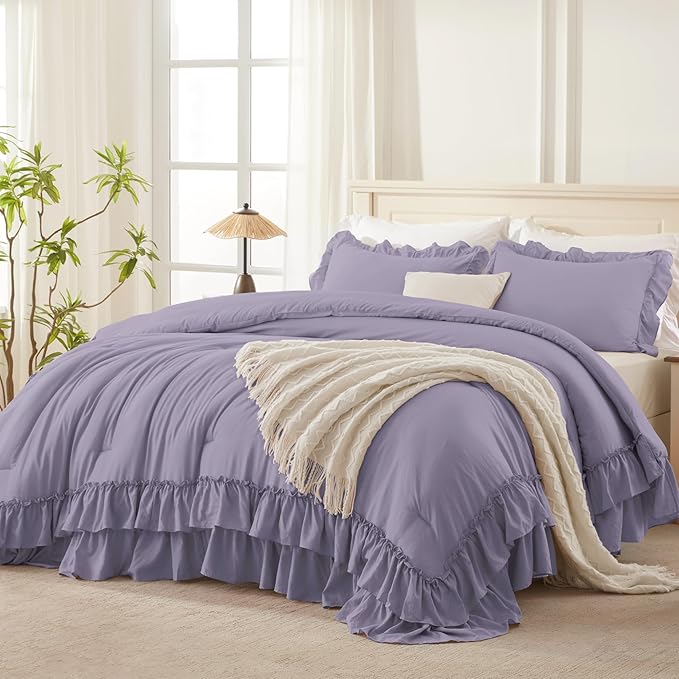 Andency Grayish Purple Ruffle Comforter Set King, Shabby Chic Farmhouse Bedding Comforter, Soft Lightweight Fluffy Microfiber Bet Set All Season 3 Pieces Solid Comforter Set