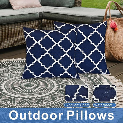JMGBird Water-Resistant Outdoor Pillows Set of 2, 18x18 inch Durable Navy Blue Grid Pattern Throw Pillows with Inserts for Patio Furniture