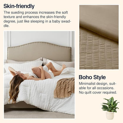 Brown Oversized Queen Comforter Set - 3 Pieces Seersucker Lightweight Bedding Comforter Sets (1 Soft Fluffy Comforter & 2 Pillowcases) - All Seasons Cozy Modern Bed Sets