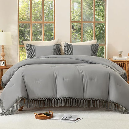 Andency Comforter Full Size Set Medium Grey, Boho Lightweight Vintage Soft Bedding Comforter Sets, 3 Pieces Bed Set (79x90In Comforter & 2 Pillowcases)