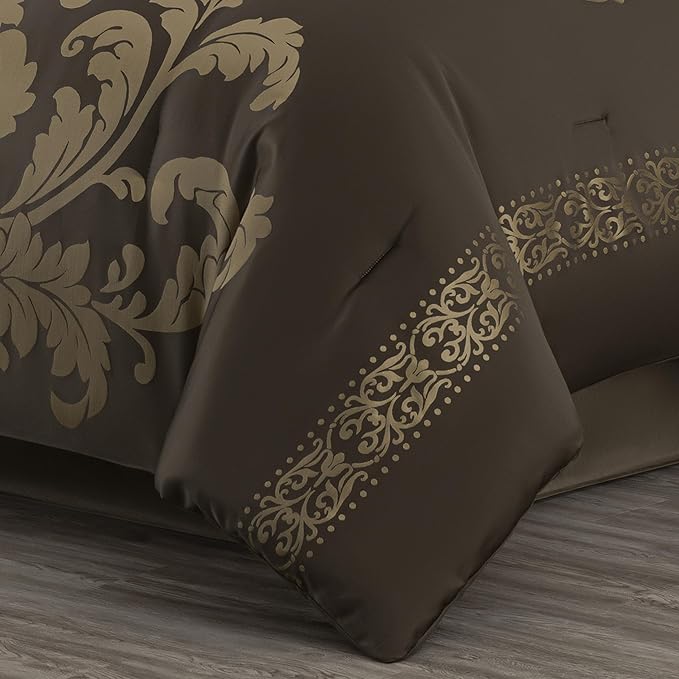 Chezmoi Collection Royale 7-Piece Jacquard Floral Comforter Set, Oversized King, Coffee/Gold