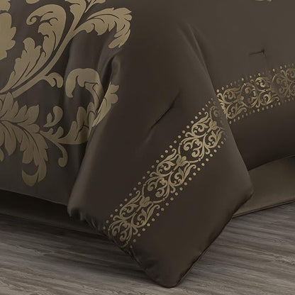 Chezmoi Collection Royale 7-Piece Jacquard Floral Comforter Set, Oversized King, Coffee/Gold