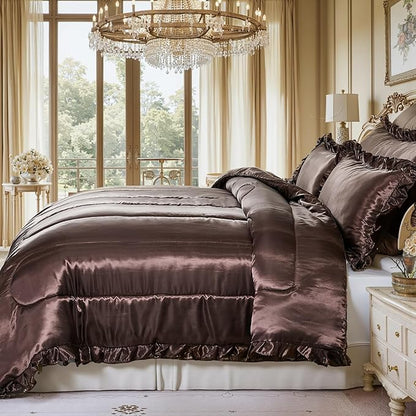 Brown Queen Comforter Silk Like Bedding 4 Pcs Hotel Soft Polyester Satin Bed Set Luxury Silky Body Pillow Cover Ruffle Home Decor