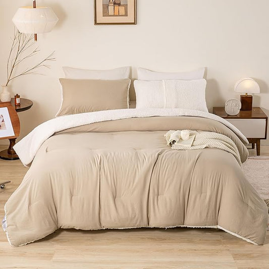 Warm Ultra-Soft Sherpa Queen Down Comforter with Pillow Case - Beige and White Luxurious Reversible, Full/Queen Size Fleece Bedding Set Fluffy Surface for Cozy Autumn Winter