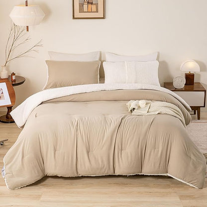 Ultra-Soft Sherpa Fleece Warm Twin/Twin XL Bed Down Alternative Comforter Set with 1 Pillowsham for Child Kid Dorm - Beige and White Fluffy Surface for Cozy Autumn Winter Christmas Nights
