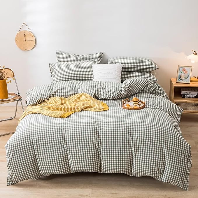 mixinni Green Gingham Comforter Set Full, Plaid Comforter Set 3 Pieces 1 Green Grid Comfoter with 2 Pillow Cases for All Seasons, Soft Fluffy Modern Grid Pattern Printed Bedding-Full Size