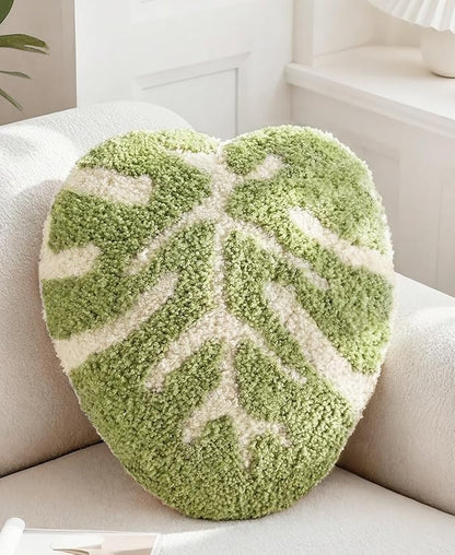 Leaf Shaped Throw Pillow - Cute Plush Plant Pillow for Couch, Sofa, or Living Room, 16.5" x 10.6" Green Monstera Decorative Cushion for Home Decor