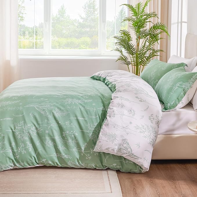 Love's cabin Sage Green Comforter Set Full - Full Size Comforter Set, 3 Pieces Cute Floral Bedding Sets for All Seasons,1 Soft Reversible Botanical Flowers Comforter and 2 Pillow Shams