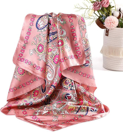 AWAYTR 35” Satin Large Square Head Scarves - 4PCS Silk Like Neck Scarf Hair Sleeping Wraps Satin Silk Scarfs for Women