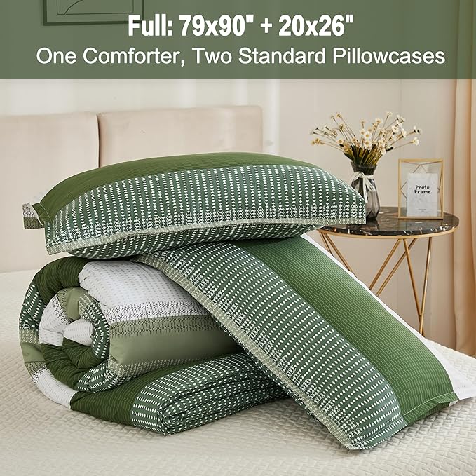 Litanika Olive Green Comforter Set Full - 3 Pieces Lightweight Olive Green White Colorblock Stripe Fluffy Bedding Comforter Sets, All Season Bed Set