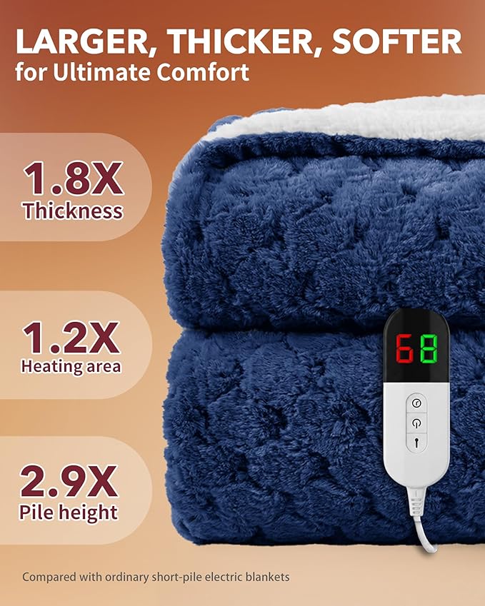 Homemate Heated Blanket Electric Throw - 50"x60" Heating Blanket Throw 4 Hours Auto-Off 10 Heat Levels Over-Heat Protection Luxury 800 GSM Faux Fur 200 GSM Sherpa ETL Certification
