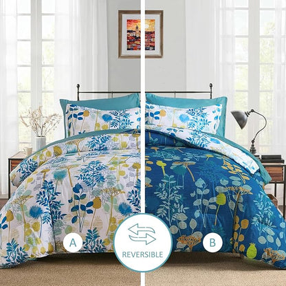 Anibedding 7Pieces King Size Comforter Set, Blue Yellow Botanical Bed in a Bag Complete Set with Sheet Pillowcase for Bedroom All Season