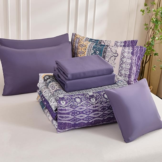 Cottolester Boho King Size Comforter Set 8 Pieces, Violet Bohemian Striped Bed in a Bag, Paisley Soft Microfiber Bedding Comforter Set