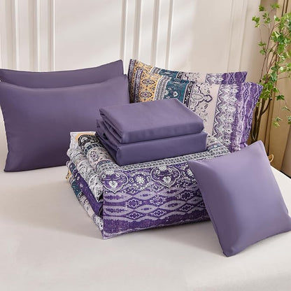 Cottolester Boho King Size Comforter Set 8 Pieces, Violet Bohemian Striped Bed in a Bag, Paisley Soft Microfiber Bedding Comforter Set